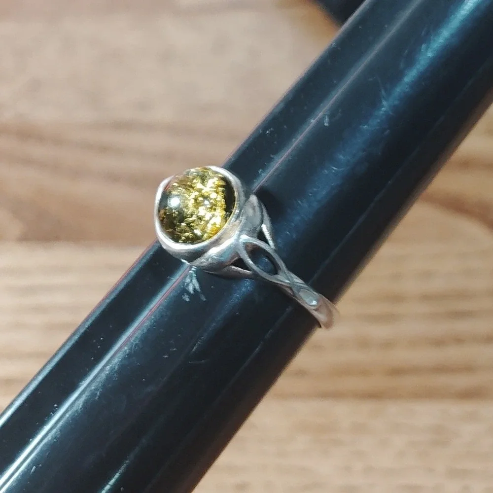 Round Green BALTIC AMBER Ring 925 STERLING SILVER Sz 7